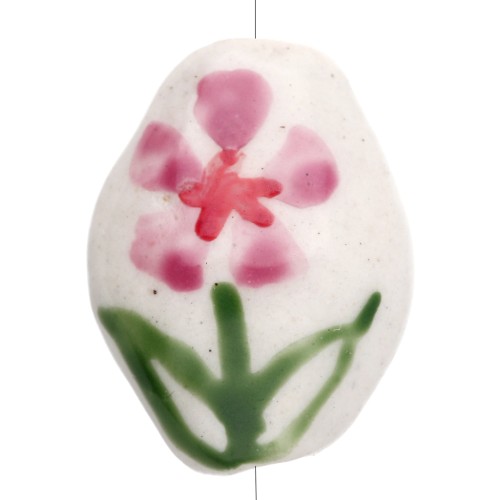 Cuenta oval de cerámica 15,5x12,5 mm - Motivo flor - Blanco - Rosa - Verde x1
