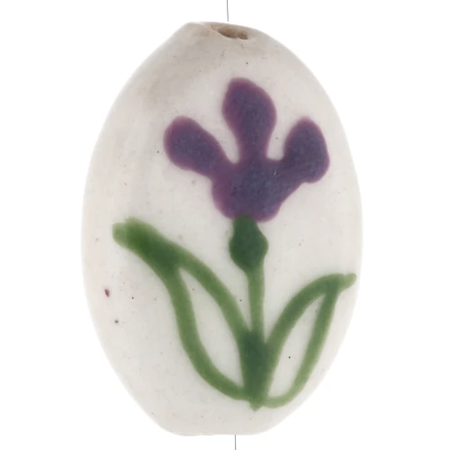 Cuenta cerámica oval 19x14,5 mm - motivo flor - Blanco - Violeta - Verde x1
