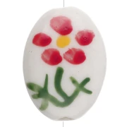 Cuenta cerámica oval 19,5x14,5 mm - Motivo flor - Blanco - Rojo - Verde x1