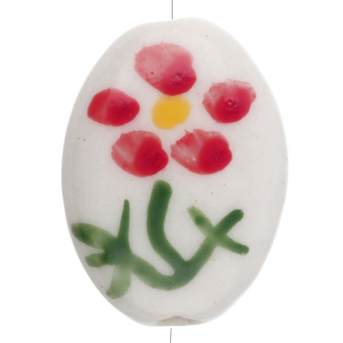 Cuenta cerámica oval 19,5x14,5 mm - Motivo flor - Blanco - Rojo - Verde x1