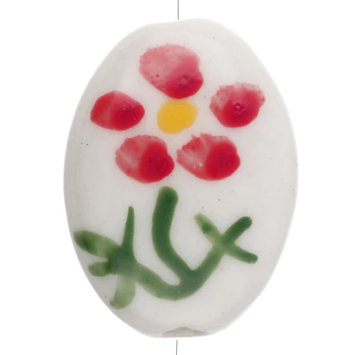 Cuenta cerámica oval 19,5x14,5 mm - Motivo flor - Blanco - Rojo - Verde x1