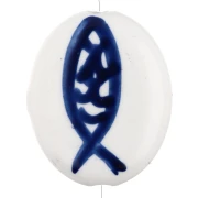 Cuenta ovalada de cerámica 20x17 mm - Motivo pez - Blanco - Azul oscuro x1