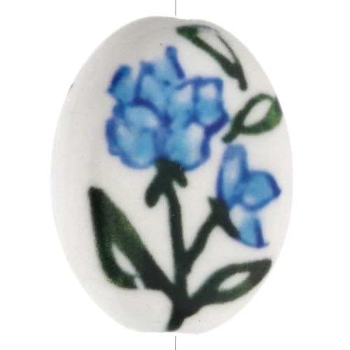Cuenta cerámica oval 19x16 mm - motivo flor - Blanco - Azul - Verde x1