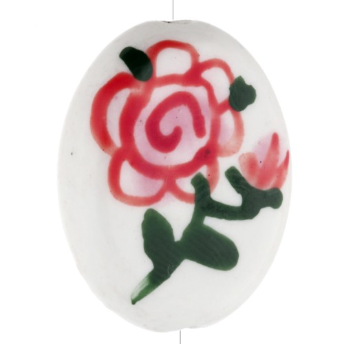 Cuenta cerámica oval 19x16 mm - motivo flor - Blanco - Rosa - Verde x1