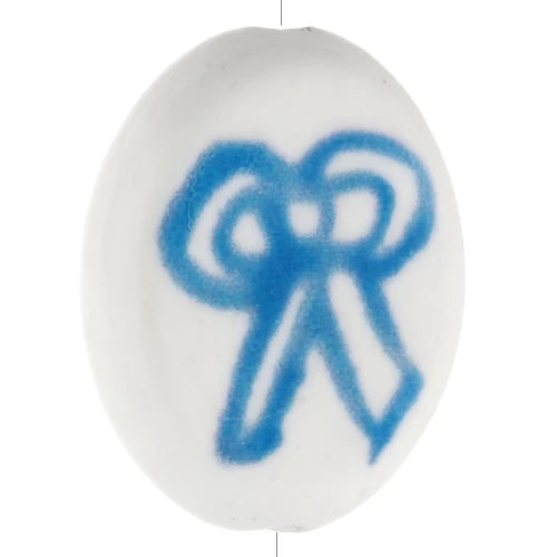 Cuenta cerámica oval 19x16 mm - motivo lazo - Blanco - Azul x1