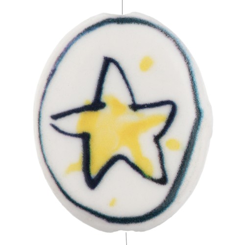 Cuenta ovalada de cerámica 19,5x16 mm - Motivo estrella - Blanco - Amarillo x1