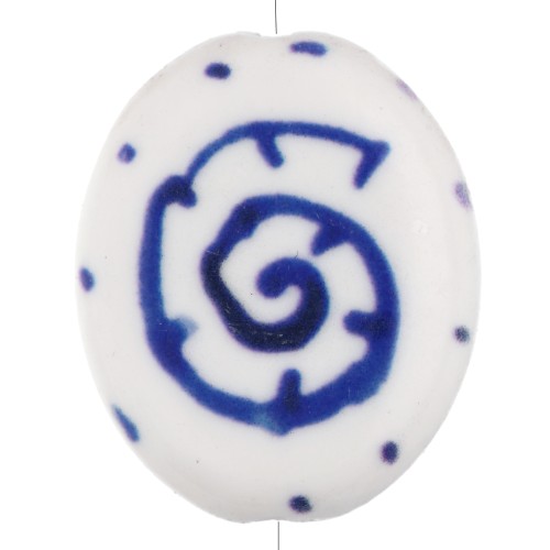 Cuenta ovalada de cerámica 18,5x15 mm - Motivo concha - Blanco - Azul oscuro x1
