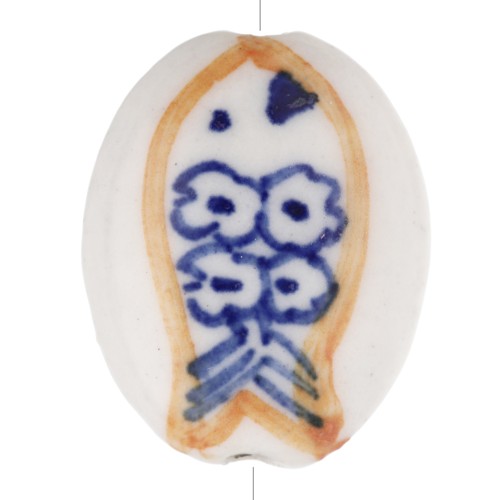 Cuenta cerámica ovalada 21x16 mm - Motivo pez - Blanco - Ocre - Azul x1