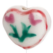 Cuenta de cerámica corazón 12x14 mm - Diseño flor - Blanco - Rosa x1