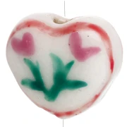 Cuenta de cerámica corazón 12x14 mm - Diseño flor - Blanco - Rosa x1