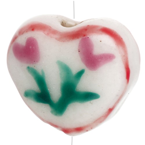 Cuenta de cerámica corazón 12x14 mm - Diseño flor - Blanco - Rosa x1