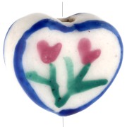 Cuenta de cerámica corazón 12x14 mm - Motivo flor - Blanco - Azul - Rosa x1