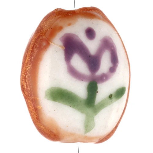 Cuenta oval de cerámica 15x12,5 mm - Motivo flor - Blanco - Marrón - Violeta x1