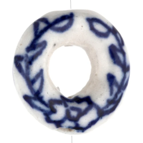 Cuenta donuts de cerámica 18,5 mm - motivo floral - Blanco - Azul x1