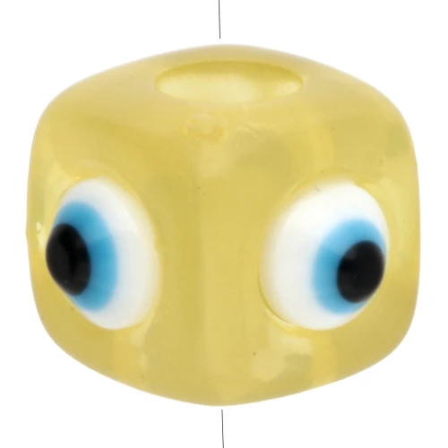 Cuenta cubo resina 8 mm - motivo ojo en relieve - Amarillo - Blanco - Azul x1