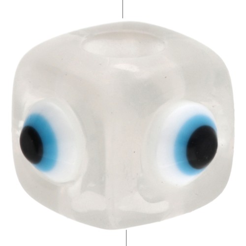 Cuenta cubo resina 8 mm - motivo ojo en relieve - Transparente - Blanco - Azul x1