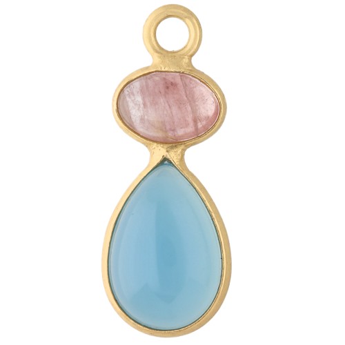 Colgante geométrico de 20 x 8 mm - Dorado - Calcedonia azul - Cuarzo rosa