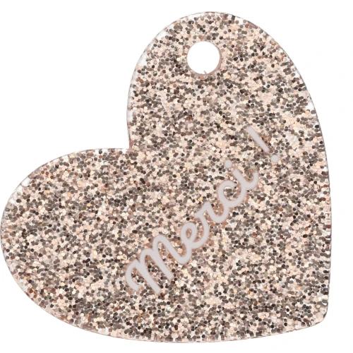 Colgante corazón 39x45 mm acrílico - ¡Gracias! - Purpurina oro claro - Blanco x1