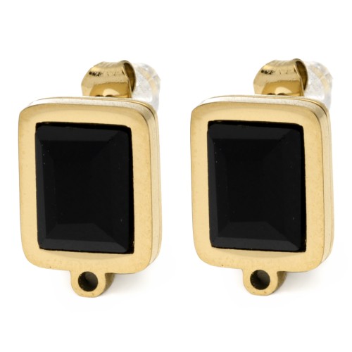 Pendientes de clavo rectangulares de 13 x 9 mm con cabujón de cristal - Acero inoxidable 304L Dorado - Negro x2