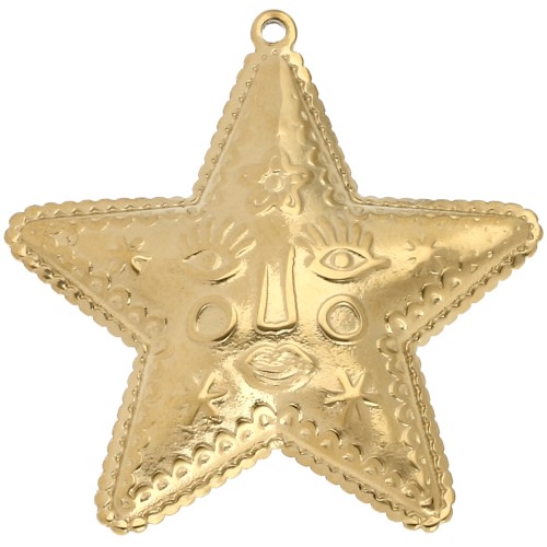 Colgante estrella 44,5x43,5 mm - motivo cara - Acero inoxidable Dorado 304 x1