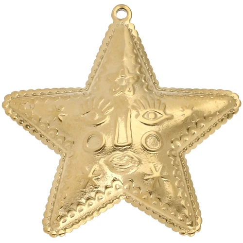 Colgante estrella 44,5x43,5 mm - motivo cara - Acero inoxidable Dorado 304 x1