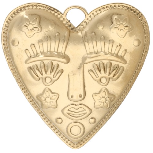 Colgante corazón 30x28,5 mm - motivo cara - Acero inoxidable 304 Dorado x1