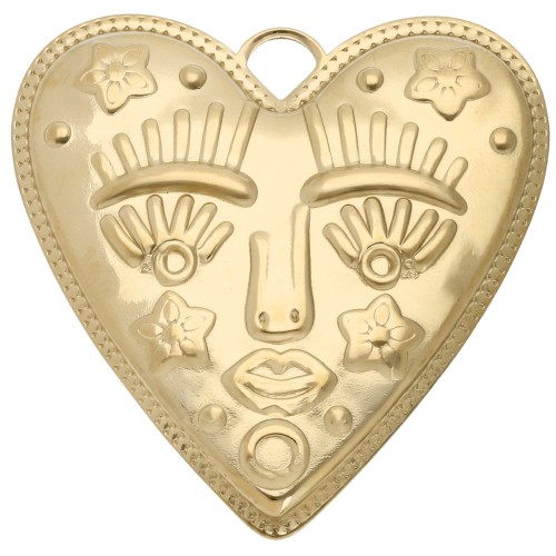 Colgante corazón 46,5x45 mm - motivo cara - Acero inoxidable 304 Dorado x1