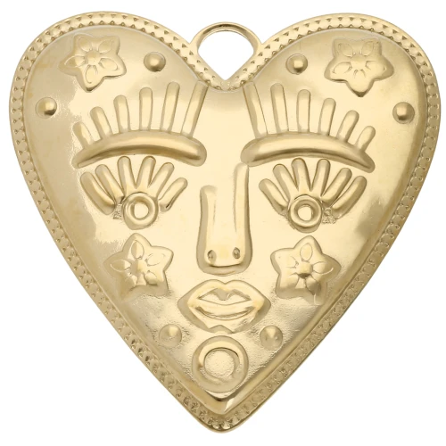 Colgante corazón 46,5x45 mm - motivo cara - Acero inoxidable 304 Dorado x1