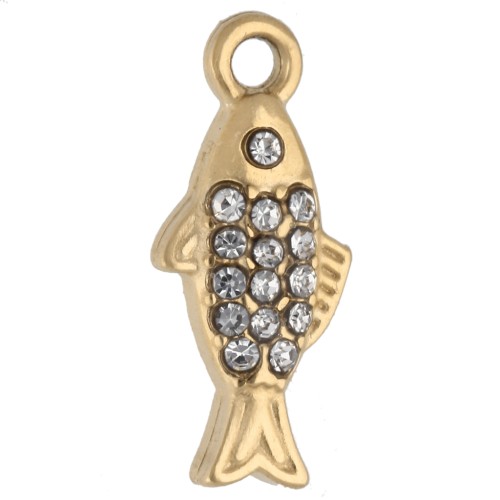 Dije de pez 14x6 mm con strass - Acero inoxidable Dorado 304 - Cristal x1