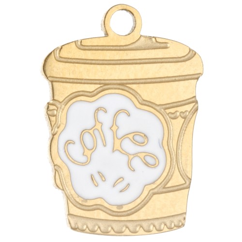 Dije con forma de taza de café, 15 x 11 mm, resina epoxi - Acero inoxidable 304 Dorado - Blanco x1