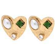 Pendientes en forma de corazón de 17 x 18 mm con cabujones y strass - Acero inoxidable dorado 304 - Blanco x2