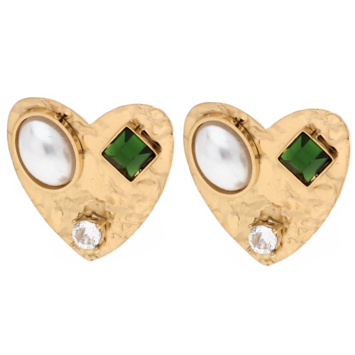 Pendientes en forma de corazón de 17 x 18 mm con cabujones y strass - Acero inoxidable dorado 304 - Blanco x2