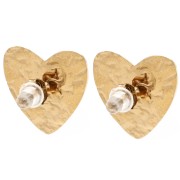 Pendientes en forma de corazón de 17 x 18 mm con cabujones y strass - Acero inoxidable dorado 304 - Blanco x2