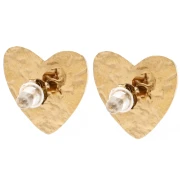 Pendientes en forma de corazón de 17 x 18 mm con cabujones y strass - Acero inoxidable dorado 304 - Blanco x2