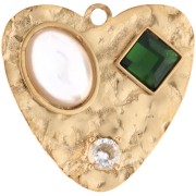 Colgante en forma de corazón de 17,5 x 18 mm con cabujones y strass - Acero inoxidable 304 Dorado - Blanco - Verde