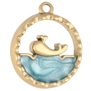 Dije redondo calado 15 mm - motivo marino con epoxi - Acero inoxidable 304 Dorado - Azul|raw }}