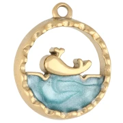 Dije redondo calado 15 mm - motivo marino con epoxi - Acero inoxidable 304 Dorado - Azul