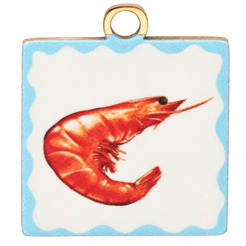 Dije cuadrado 17x14 mm con impresión UV - Langostino - Acero inoxidable 304 Dorado - Rojo