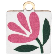 Dije Cuadrado 14x12mm con Impresión UV - Flor - Acero Inoxidable Dorado 304 - Blanco - Rosa