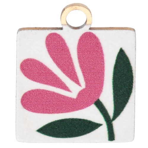 Dije Cuadrado 14x12mm con Impresión UV - Flor - Acero Inoxidable Dorado 304 - Blanco - Rosa