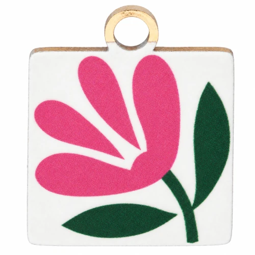 Dije Cuadrado 14x12mm con Impresión UV - Flor - Acero Inoxidable Dorado 304 - Blanco - Rosa