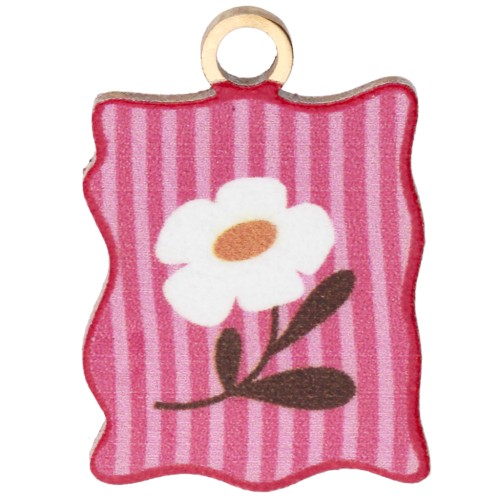 Dije rectángulo 17x12mm estampado UV - Flor y rayas - Acero inoxidable 304 Dorado rosa