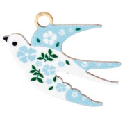 Colgante pájaro 14x20 mm impresión UV - Flor - Acero inoxidable 304 Dorado - Azul claro