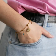 Pulsera de malla redonda de 1,5 mm con 5 cuentas pasantes de 5 mm, acero inoxidable 304 Dorado, 18 cm