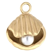 Dije de concha de 17,5x15 mm con perla de nácar - Acero inoxidable Dorado 304 - Blanco