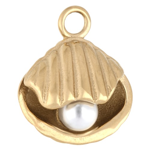 Dije en forma de concha de 17,5 x 15 mm con cuenta imitación de nácar. Acero inoxidable 304 Dorado - blanco
