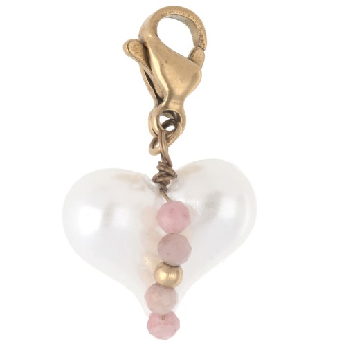 Dije con charms de corazón de ABS y cuentas con cierre - Acero inoxidable 304 Dorado - Blanco x1