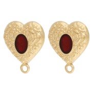 Pendientes de botón con forma de corazón de 19,5 x 17 mm con resina epoxi - Dorado - Rojo x2