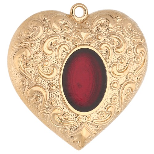 Colgante en forma de corazón de 31 mm con resina epoxi - Dorado - Rojo x1