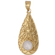 Colgante étnico en forma de gota, 39 x 18 mm, con una piedra preciosa de 8 mm de cuarzo rosa - Dorado en oro fino